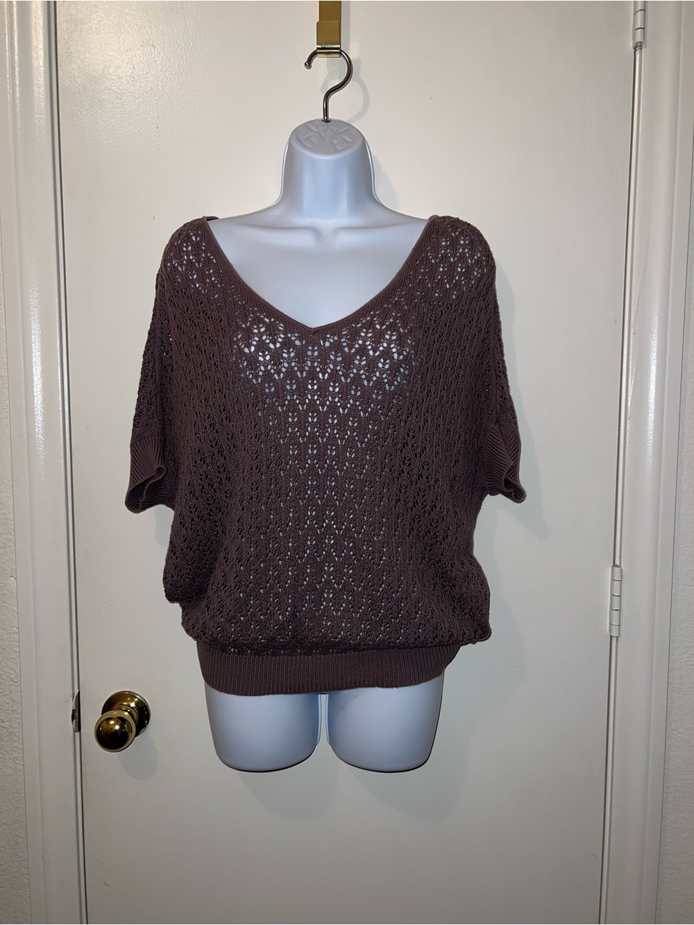 Frenchi Women's Open-Knit V-Neck Pullover Sweater - Chocolate Brown